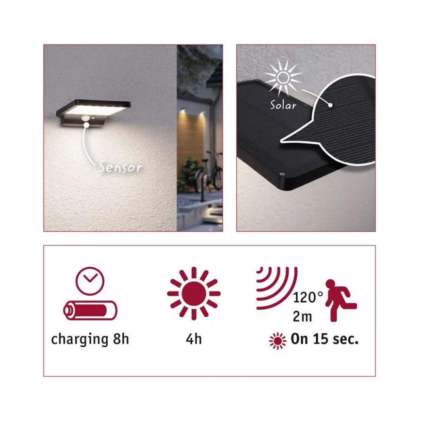 Paulmann 95393 - LED/4W IP44 Dimmable solar wall light with a sensor SOLVEIG 3,7V 2000 mAh