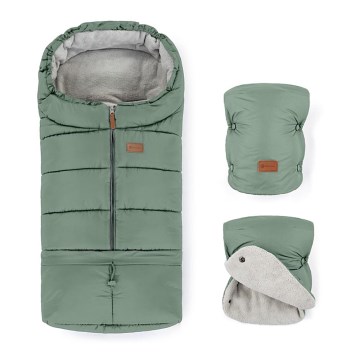 PETITE&MARS - SET Baby footmuff 3in1 JIBOT + hand muffs for a stroller JASIE green