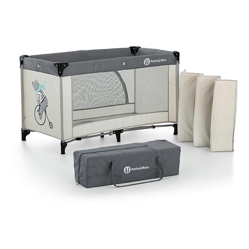 PETITE&MARS - Travel crib NYJA TEDDY BIKER grey/beige