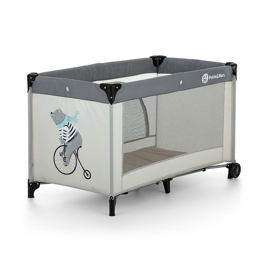 PETITE&MARS - Travel crib NYJA TEDDY BIKER grey/beige