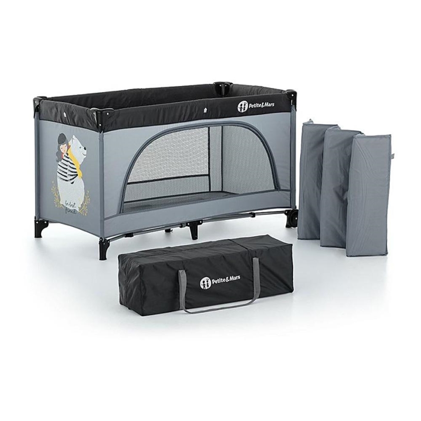 PETITE&MARS - Travel crib NYJA TEDDY FRIEND COAL grey/black