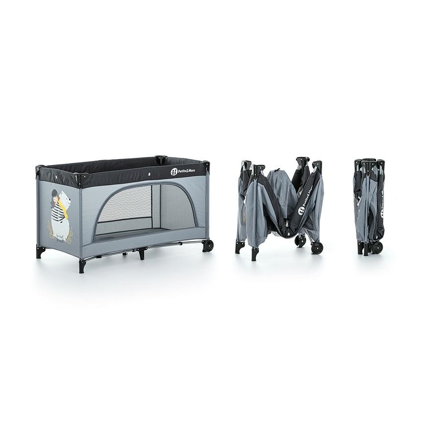 PETITE&MARS - Travel crib NYJA TEDDY FRIEND COAL grey/black