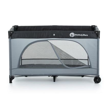 PETITE&MARS - Travel crib NYJA TEDDY FRIEND COAL grey/black