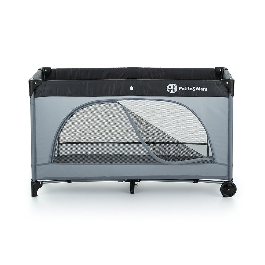 PETITE&MARS - Travel crib NYJA TEDDY FRIEND COAL grey/black