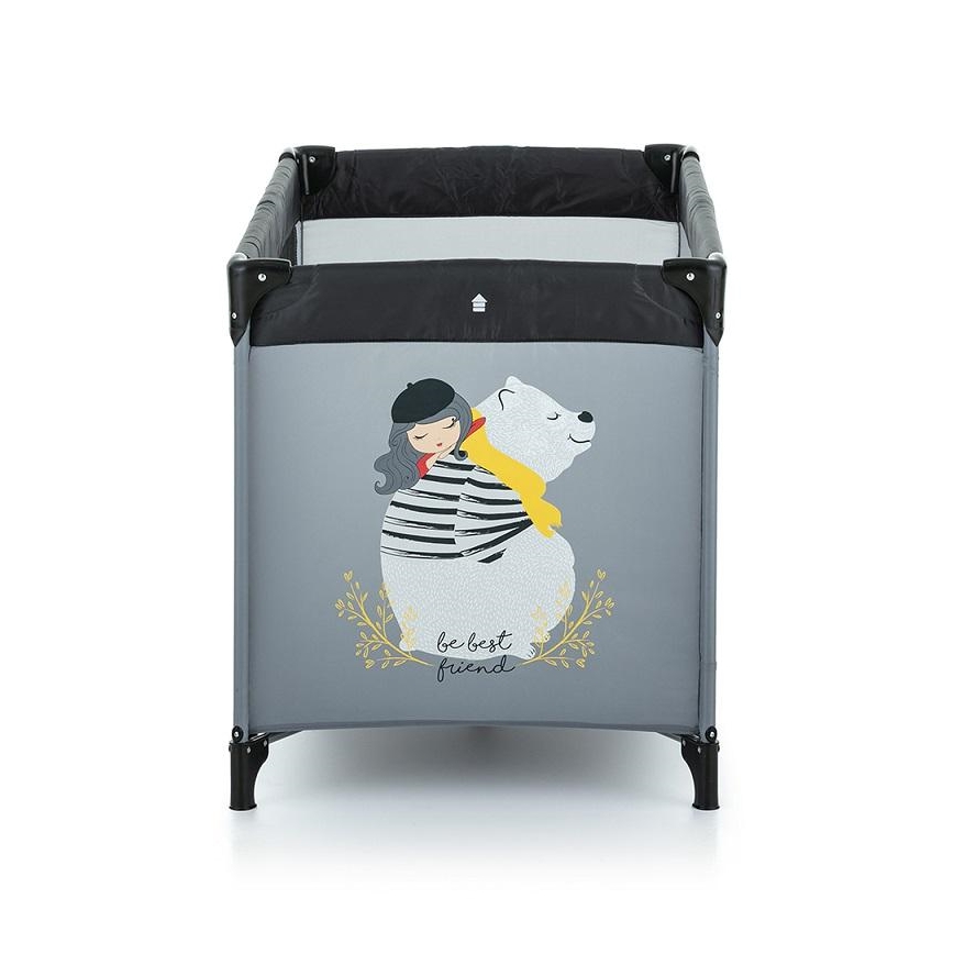 PETITE&MARS - Travel crib NYJA TEDDY FRIEND COAL grey/black
