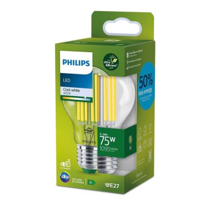 Philips A60 LED Filament Bulb E27, 5.2W, 230V, 4000K