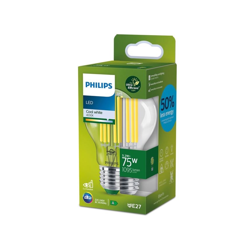 Philips A60 LED Filament Bulb E27, 5.2W, 230V, 4000K
