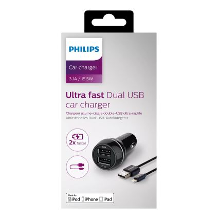 Philips DLP2357V/10 - Car charger 2xUSB/12V + cable USB/lightning connector