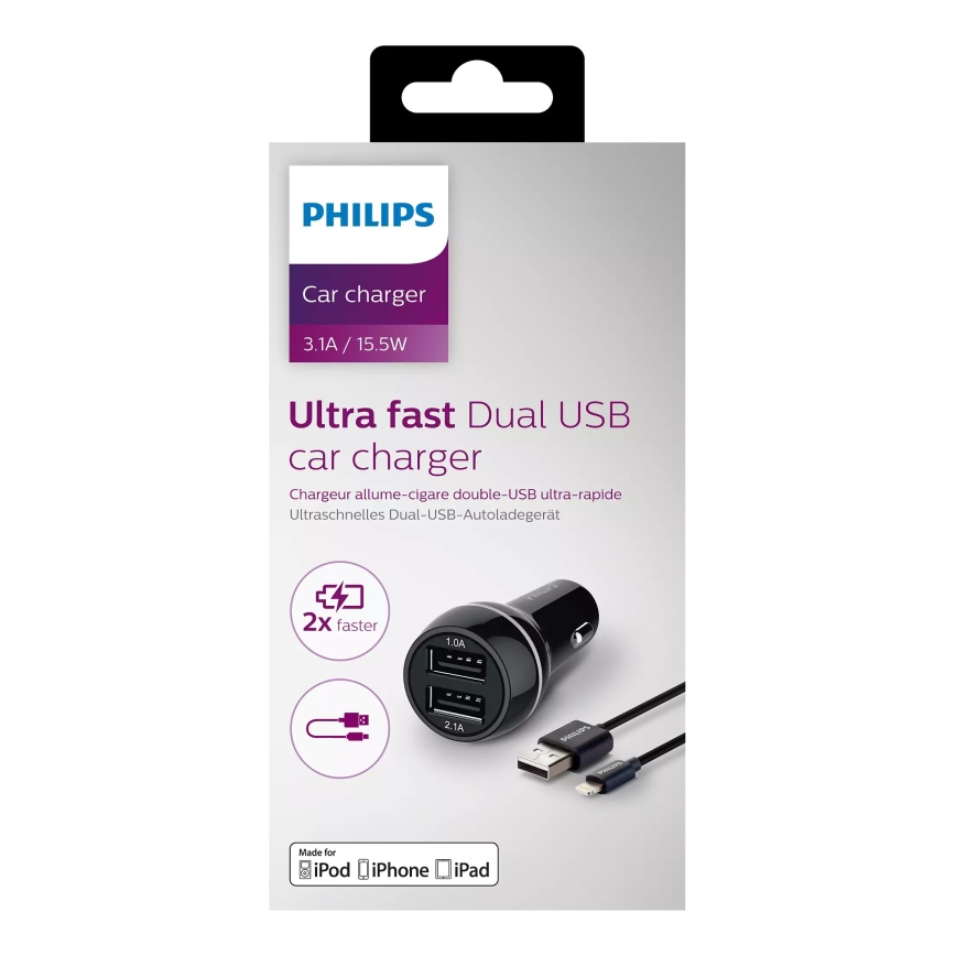 Philips DLP2357V/10 - Car charger 2xUSB/12V + cable USB/lightning connector