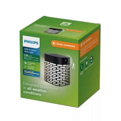 Philips - LED Solar Wall Light with Sensor HARA LED/3,8W/3,7V 800 mAh 2700K IP44 Black