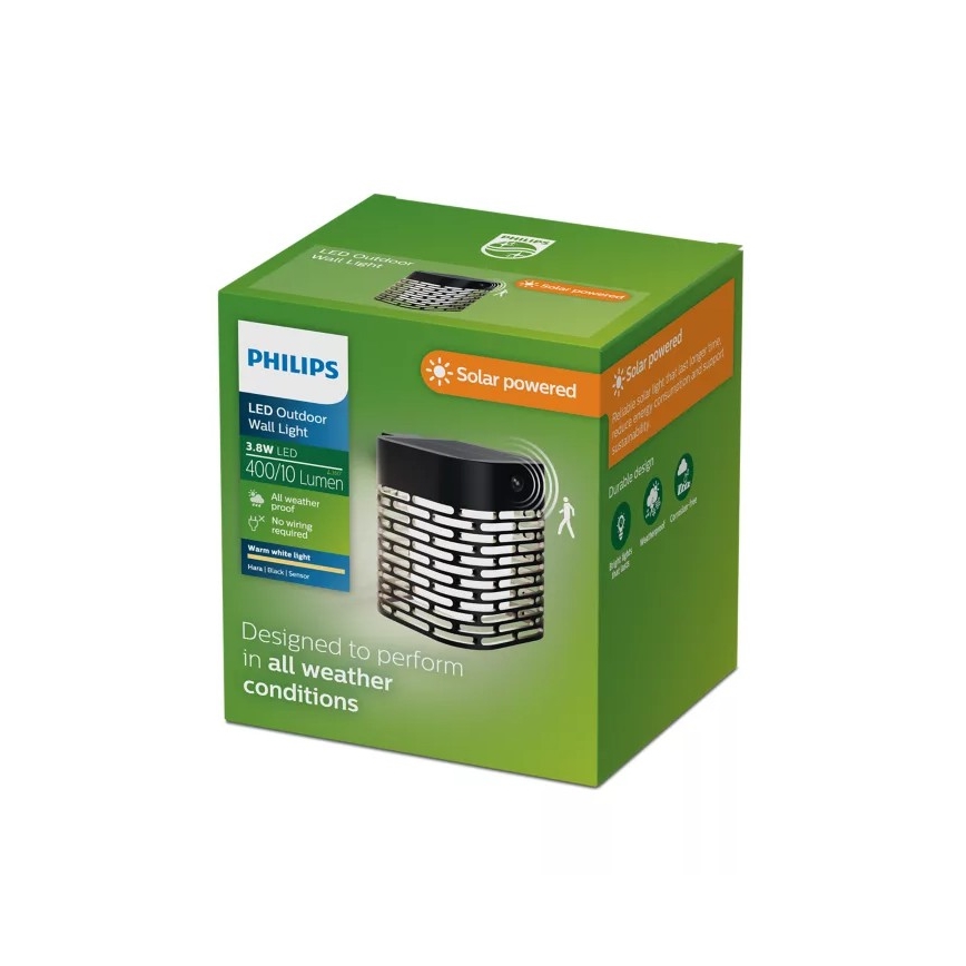 Philips - LED Solar Wall Light with Sensor HARA LED/3,8W/3,7V 800 mAh 2700K IP44 Black