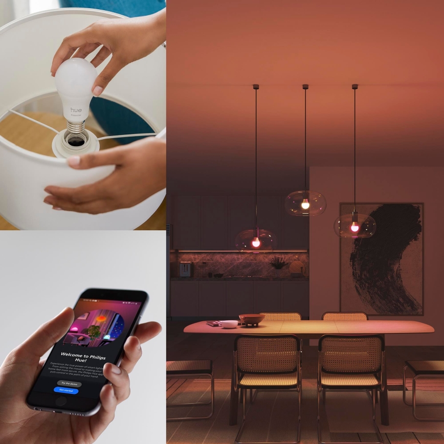 Philips Hue White and Color Ambiance Essential Starter Kit — 2× E27, 8W, 230V, 2200–6500K + Hue Bridge