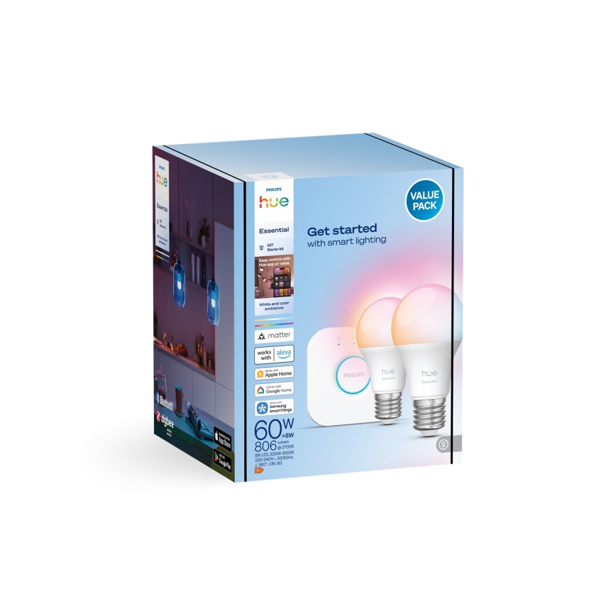 Philips Hue White and Color Ambiance Essential Starter Kit — 2× E27, 8W, 230V, 2200–6500K + Hue Bridge