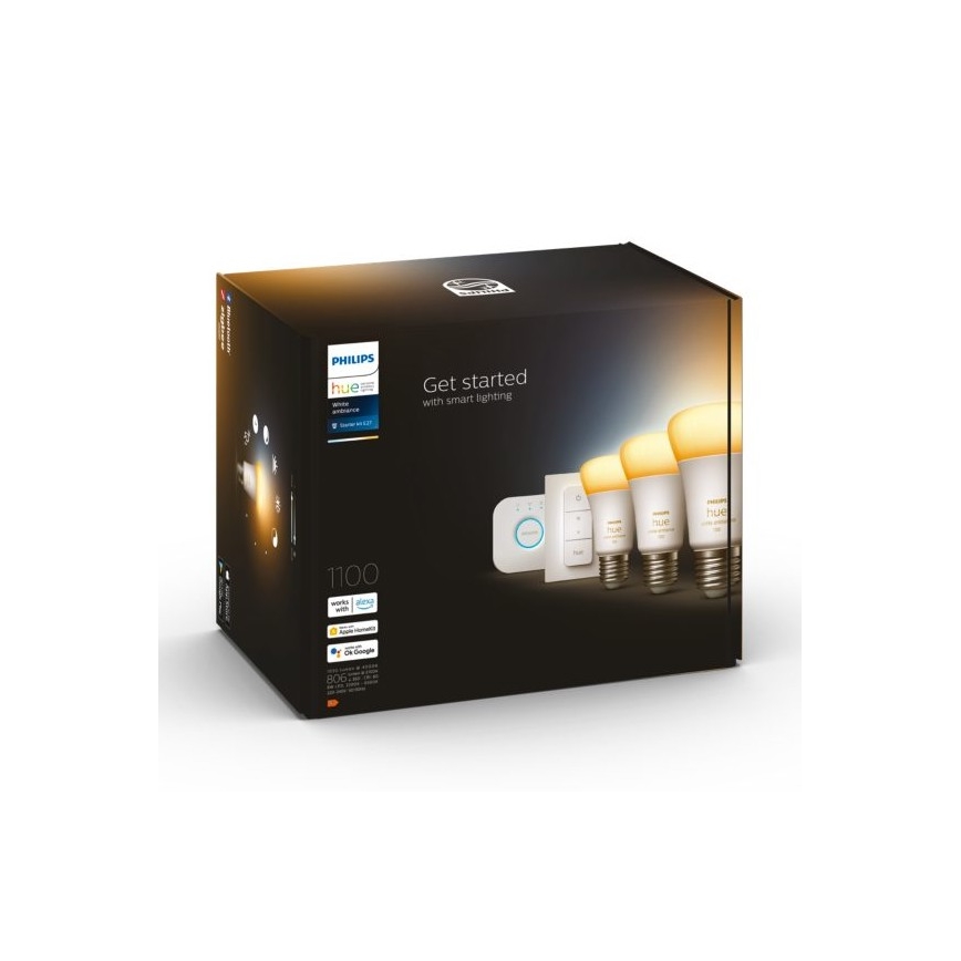 Philips Hue White Ambiance Starter Kit 3x E27/11W 2200-6500K + Hue Bridge and Dimmer Switch