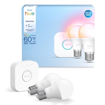 Philips Hue White and Color Ambiance Essential Starter Kit — 2× E27, 8W, 230V, 2200–6500K + Hue Bridge