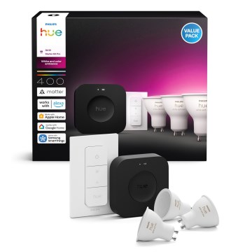 Philips Hue WHITE AND COLOR AMBIANCE Starter Kit 3xGU10/4.2W 2000-6500K + Hue Bridge and Dimmer Switch