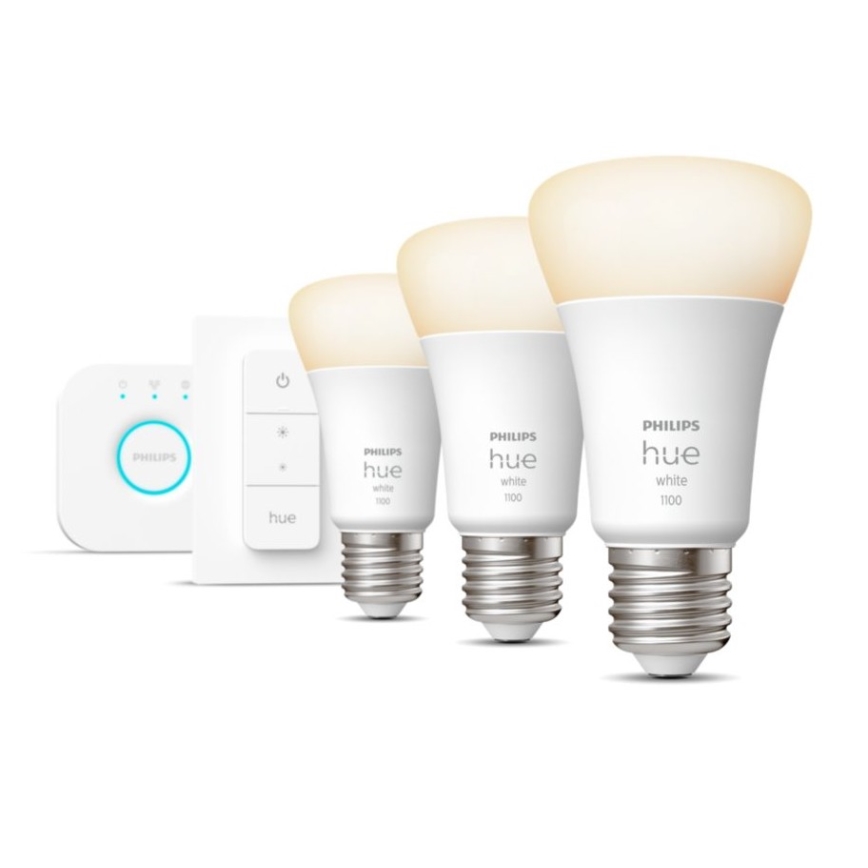 Philips Hue White Starter Kit 3× E27/9.5W 2700K + Hue Bridge and Dimmer Switch