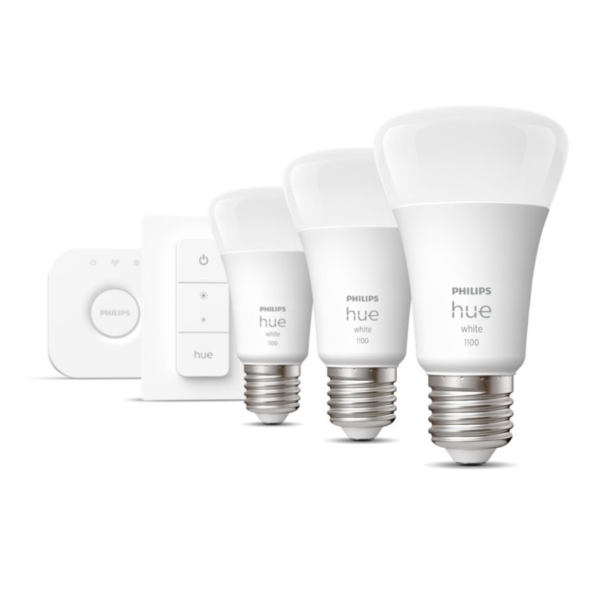 Philips Hue White Starter Kit 3× E27/9.5W 2700K + Hue Bridge and Dimmer Switch