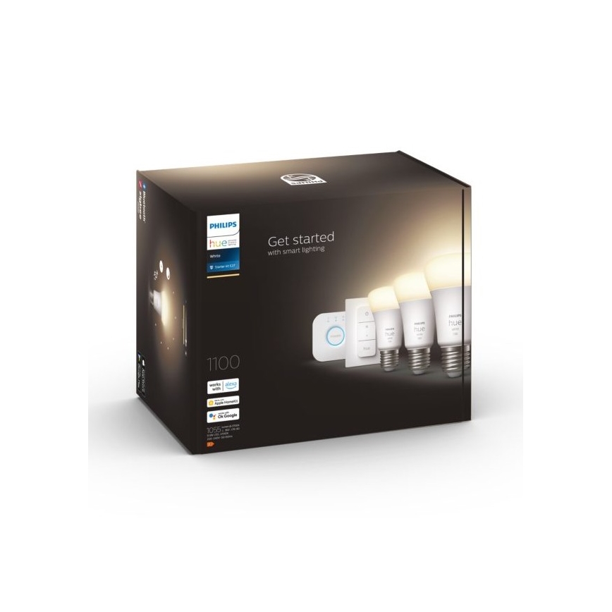 Philips Hue White Starter Kit 3× E27/9.5W 2700K + Hue Bridge and Dimmer Switch