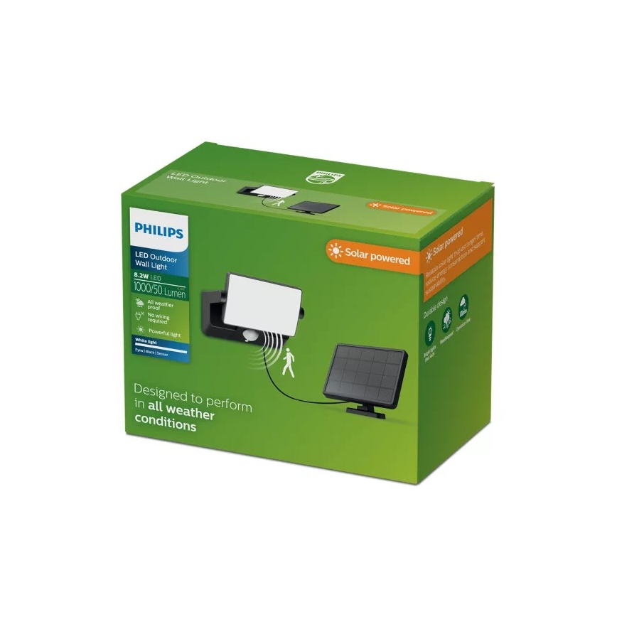 Philips - LED Solar Wall Floodlight with Sensor FYNS LED/8.2W/3.7V 2600 mAh 3000K IP44 black