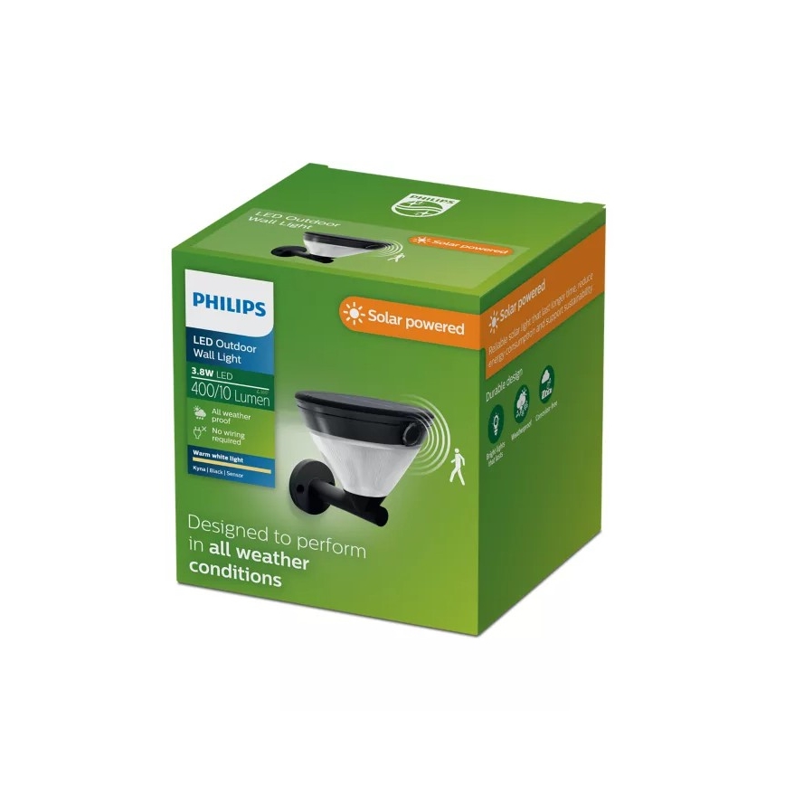 Philips - KYNA LED Solar Wall Light with Sensor, LED 3.8W/3.7V, 800 mAh, 2700K, IP44, Black