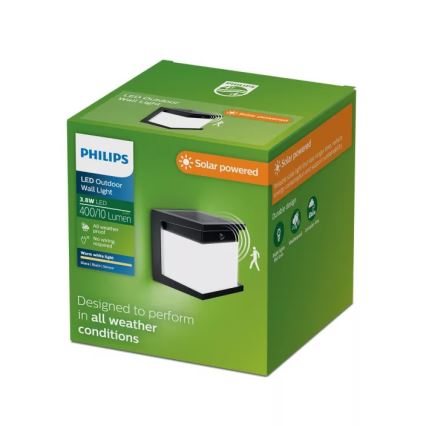 Philips DIARA LED solar wall light with sensor, 3.8W / 3.7V, 800 mAh, 2700K, IP44, black