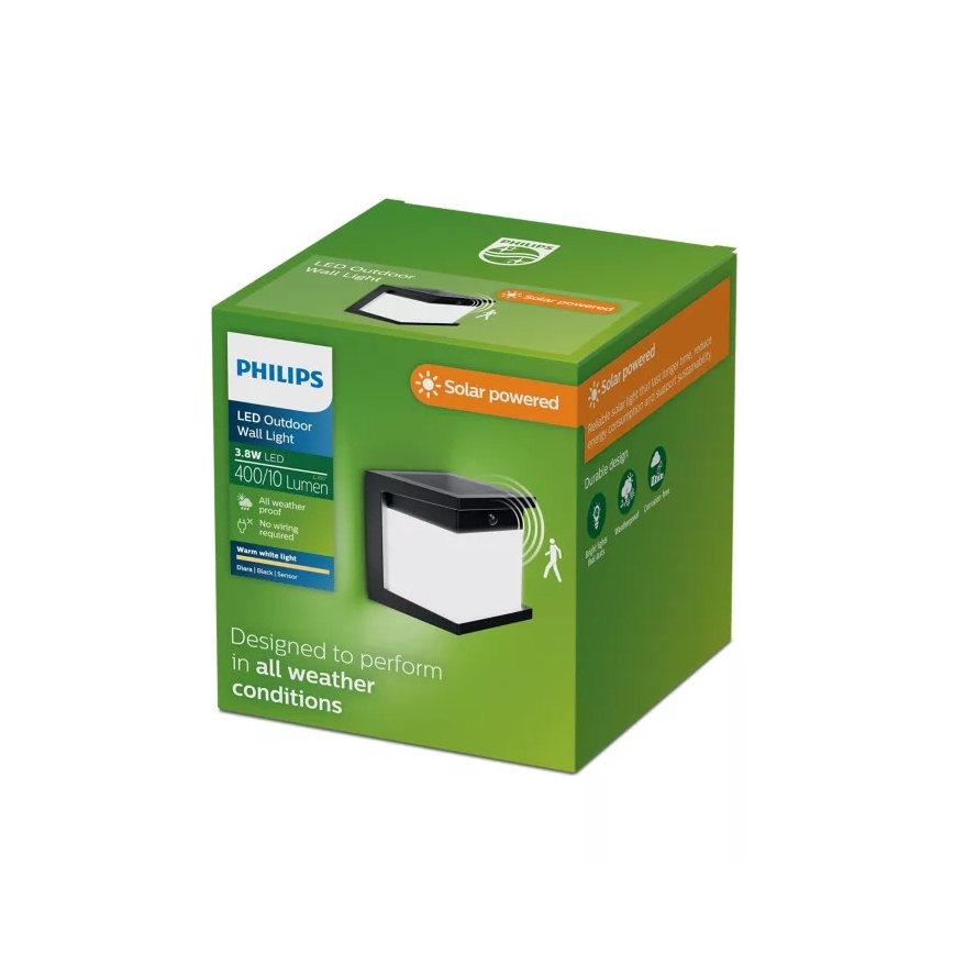 Philips DIARA LED solar wall light with sensor, 3.8W / 3.7V, 800 mAh, 2700K, IP44, black