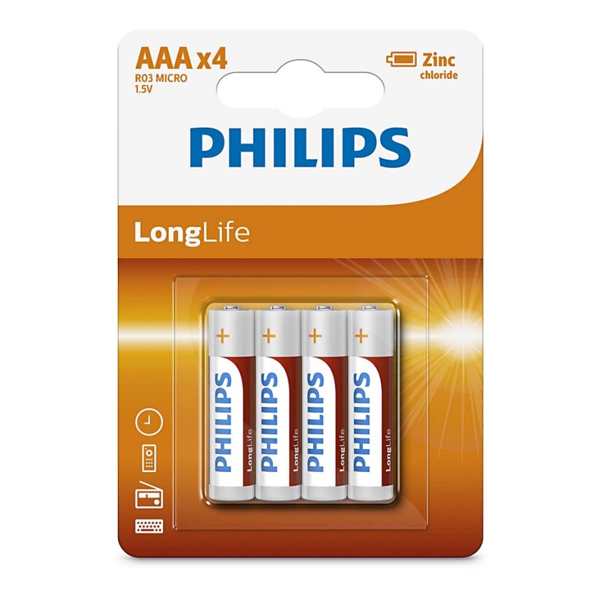 Philips R03L4B/10 - 4 pcs Zinc-chloride battery AAA LONGLIFE 1,5V 450mAh