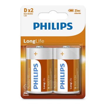 Philips R20L2B/10 - 2 pcs Zinc-chloride battery D LONGLIFE 1,5V 5000mAh