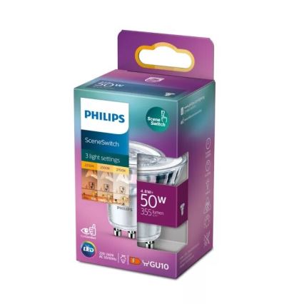 Philips SCENE SWITCH PAR16 GU10 LED Bulb 4.8W/230V — 2200/2500/2700K, Three-stage Color Temperature Switching