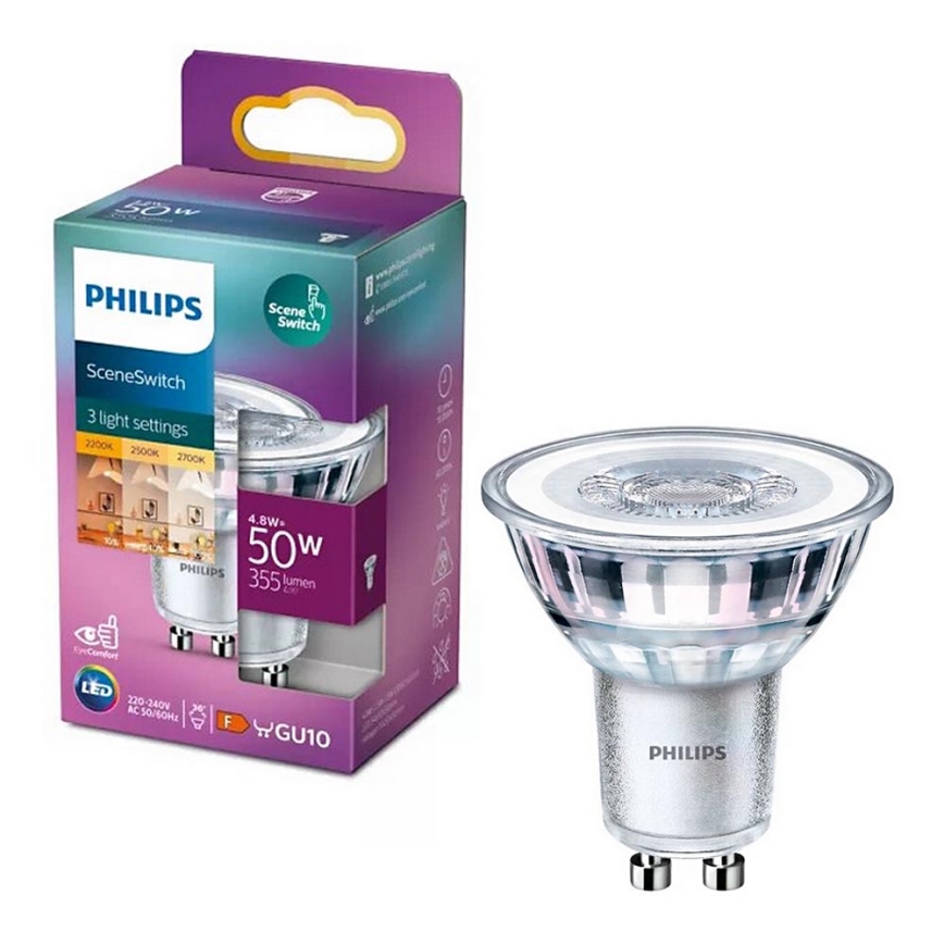 Philips SCENE SWITCH PAR16 GU10 LED Bulb 4.8W/230V — 2200/2500/2700K, Three-stage Color Temperature Switching