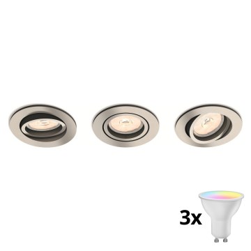 Philips - Set of 3 LED RGBW Dimmable Recessed Downlights 1x GU10/4.8W/230V Matte Chrome + Remote Control