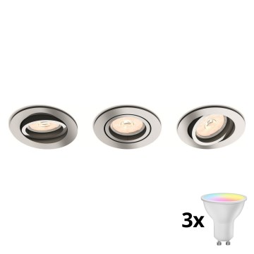 Philips - Set of 3 LED RGBW Dimmable Recessed Downlights 1x GU10/4.8W/230V Polished Chrome + Remote Control
