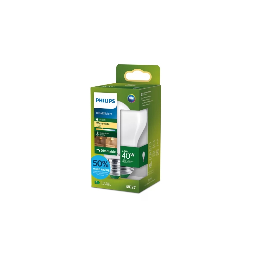 Philips ULTRAEFFICIENT A60 dimmable LED bulb E27, 2.3W, 230V, 2700K