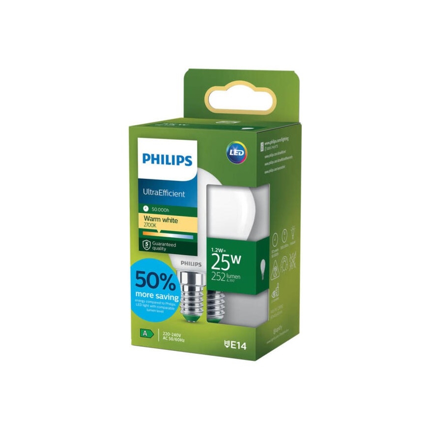 Philips ULTRAEFFICIENT P45 LED Bulb, E14, 1.2 W, 230 V, 2700 K