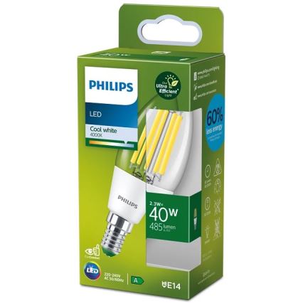 Philips ULTRAEFFICIENT VINTAGE B35 LED Bulb, E14, 2.3W, 230V, 4000K