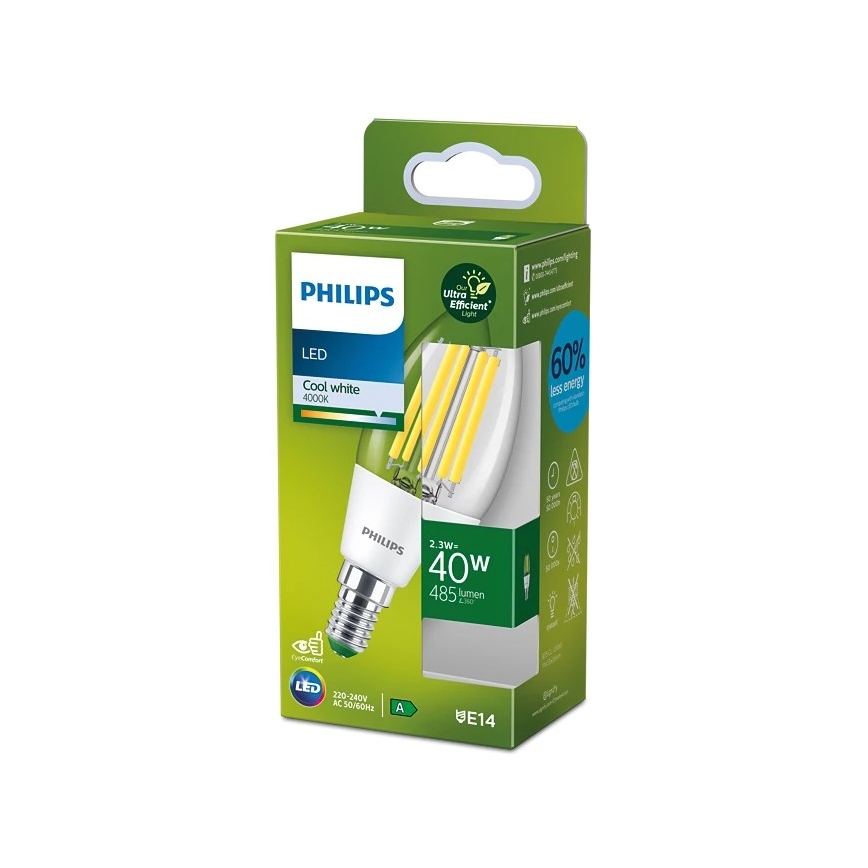 Philips ULTRAEFFICIENT VINTAGE B35 LED Bulb, E14, 2.3W, 230V, 4000K