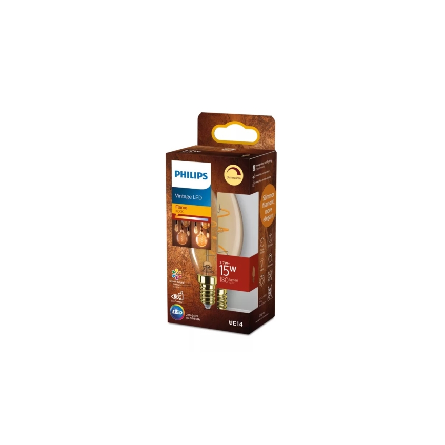 Philips Vintage B35 LED Dimmable Bulb, E14, 2.7W/230V, 1800K, CRI 90