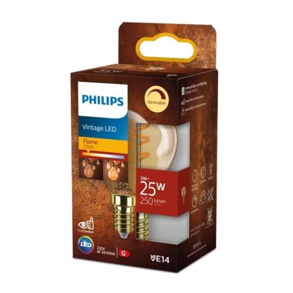 Philips VINTAGE P45 LED Dimmable Bulb, E14, 3W, 230V, 2200K