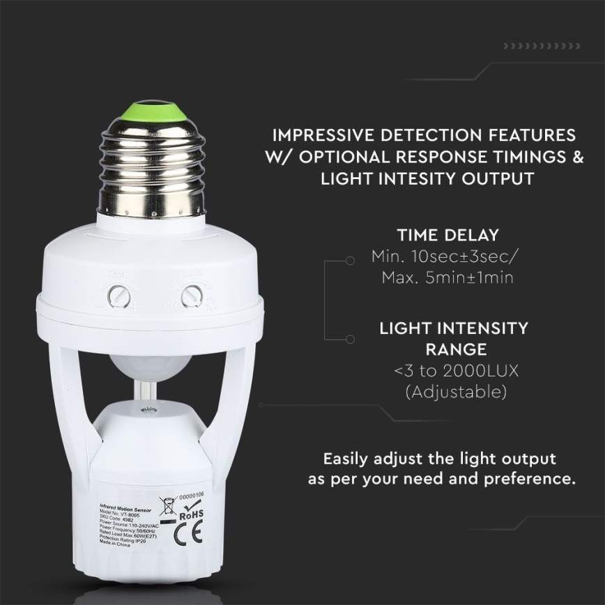 PIR sensor for E27 bulb white