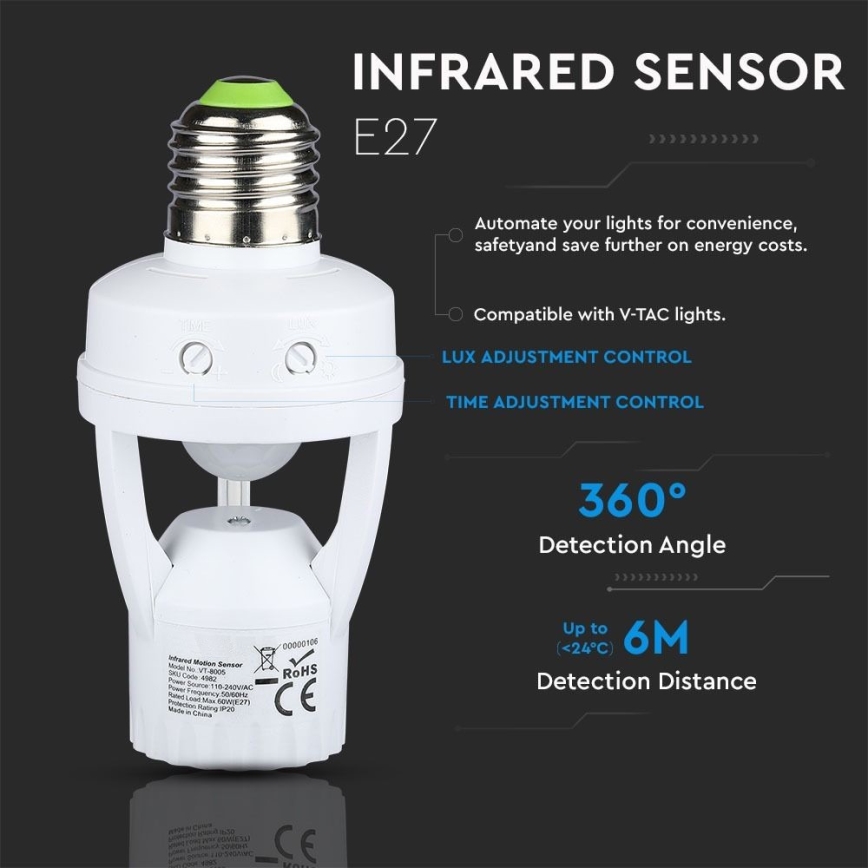 PIR sensor for E27 bulb white