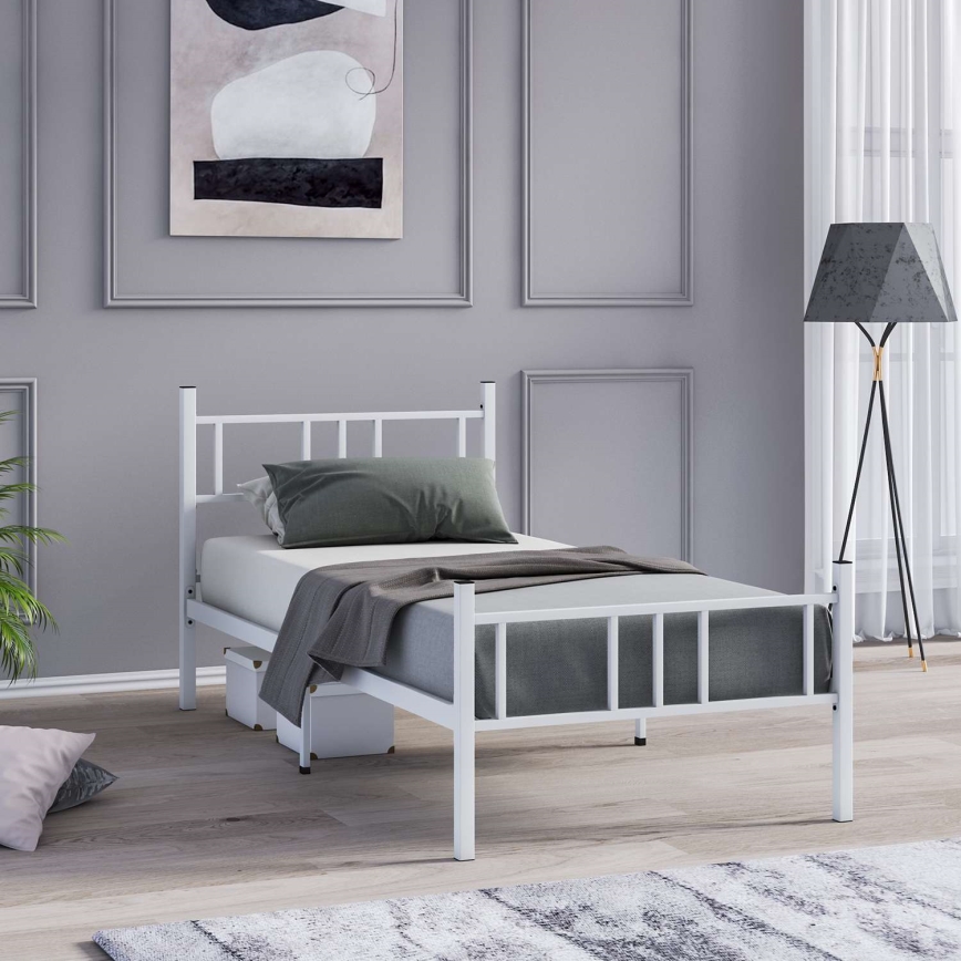PIRON Metal Single Bed 90 x 200 cm, White — 120 kg Load Capacity