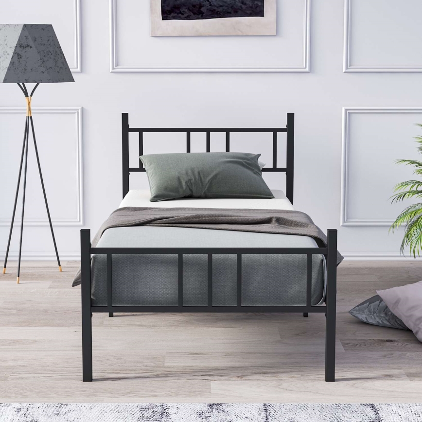 PIRON Metal Single Bed 90x200 cm, Black, 120 kg load capacity