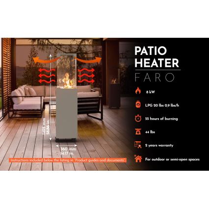 Planika - Outdoor gas fireplace 142x36 cm 8kW 1xAAA gray + protective cover