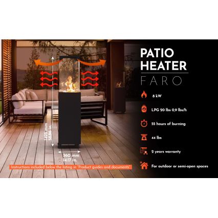 Planika - Outdoor gas fireplace 142x36 cm 8kW black + protective cover