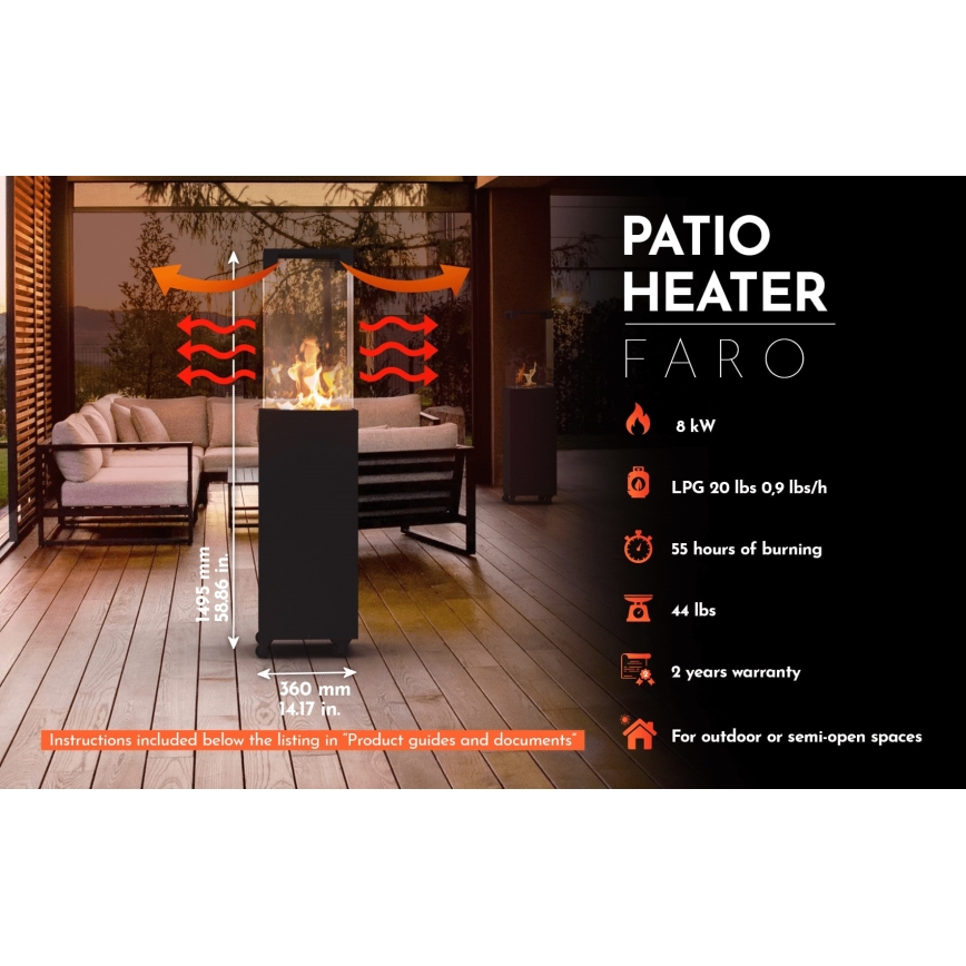 Planika - Outdoor gas fireplace 142x36 cm 8kW black + protective cover