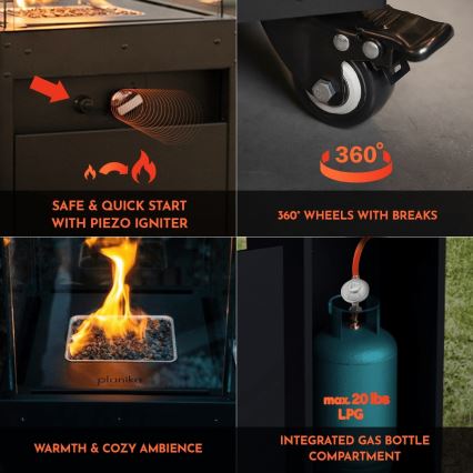 Planika - Outdoor gas fireplace 142x36 cm 8kW black + protective cover