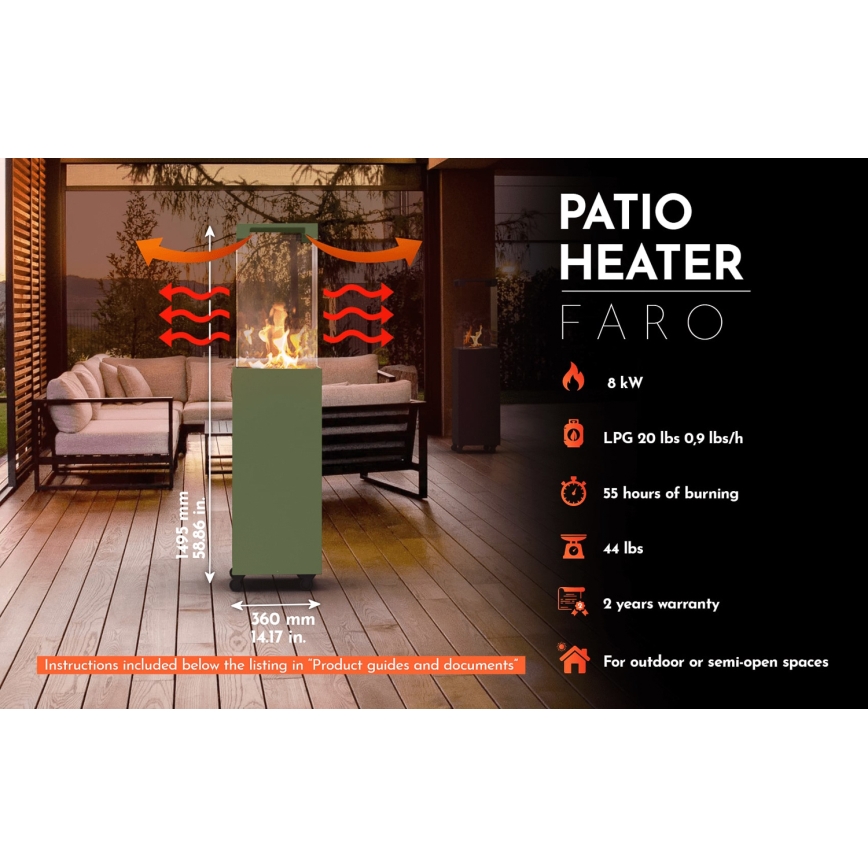 Planika - Outdoor gas fireplace 142x36 cm 8kW green + protective cover