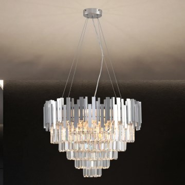 PLAZA cable-suspended crystal chandelier, 9xE14/40W/230V, Ø 60 cm, silver