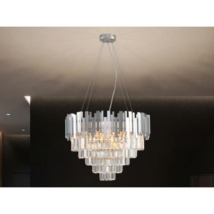 PLAZA cable-suspended crystal chandelier, 9xE14/40W/230V, Ø 60 cm, silver